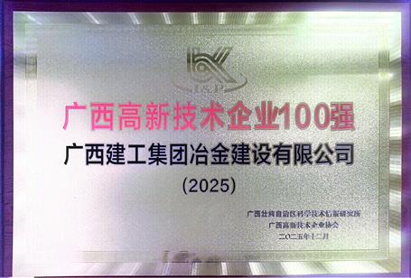 冶建公司成功入選2025年度“廣西高新技術(shù)企業(yè)100強(qiáng)”